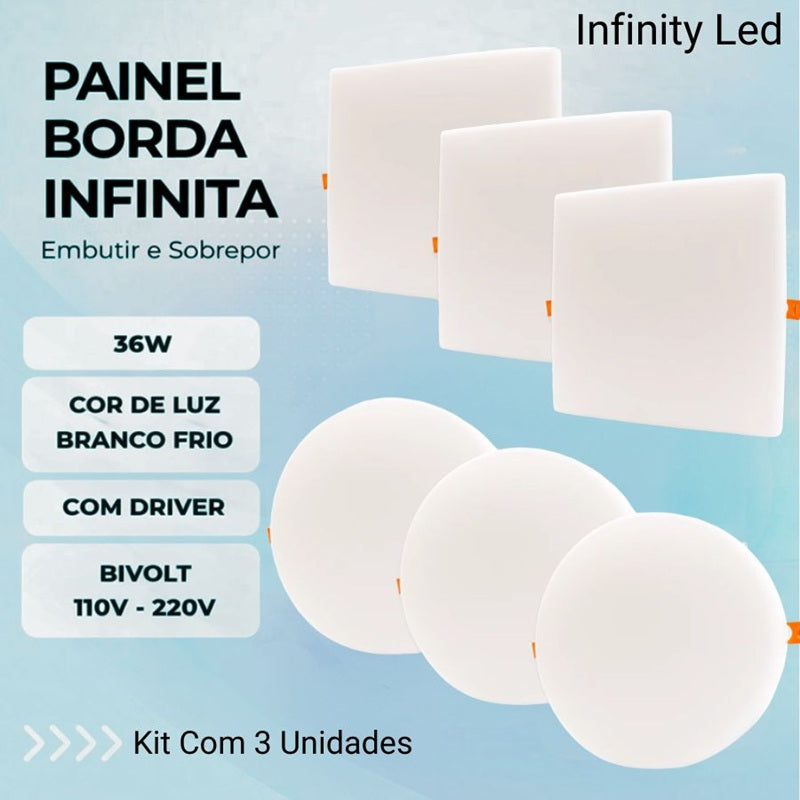Pacote Com 3 Luminárias Led Borda Infinita 2 em 1 Embutir/Sobrepor Infinity Led