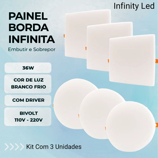 Pacote Com 3 Luminárias Led Borda Infinita 2 em 1 Embutir/Sobrepor Infinity Led